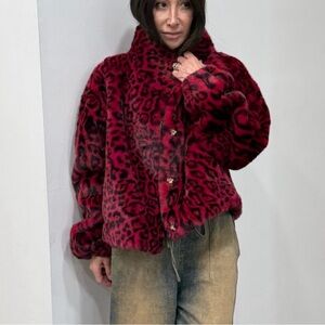 Red Leopard Print Faux Fur Jacket/Coat - NWOT - Size L/XL